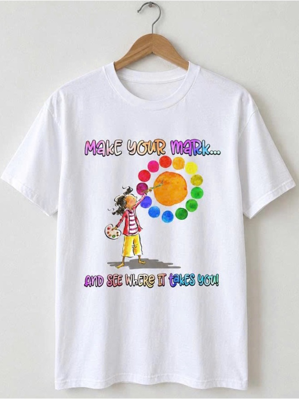 White Short-Sleeve Tee with Rainbow Paint Palette Graphic